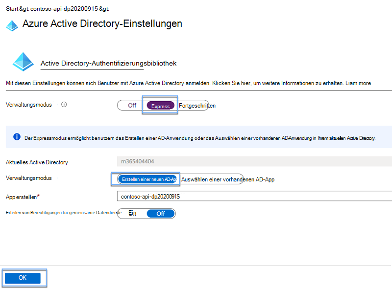 Blatt „Azure Active Directory-Einstellungen“, geöffnet für eine Funktionen-App im Azure-Portal