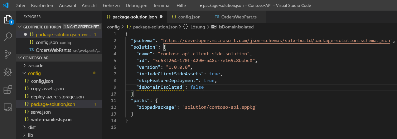 Die Paketdatei der Lösung, geöffnet in Visual Studio Code