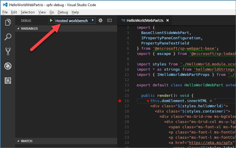 Ausgewählte Konfiguration „Hosted workbench“ im Dropdownmenü mit den Debugkonfigurationen in Visual Studio Code