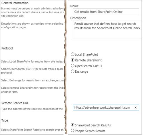 Erste vier Abschnitte der Ergebnisquellenseite zum Abrufen von Ergebnissen aus SharePoint in Microsoft 365