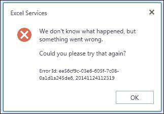 Screenshot, der den Fehler zeigt, dass bei Excel Services ein Fehler aufgetreten ist.