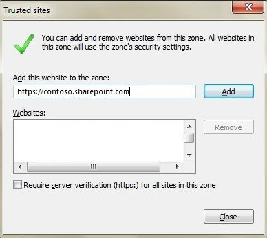 Screenshot: Fenster „Vertrauenswürdige Websites“. Sie können Websites zu dieser Zone hinzufügen und daraus entfernen.