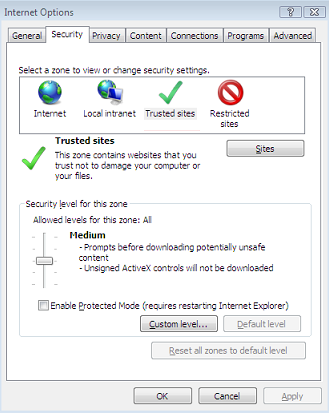 Screenshot: Fenster „Internetoptionen“. Unter „Sicherheit“ wird die Registerkarte „Vertrauenswürdige Sites“ angezeigt.