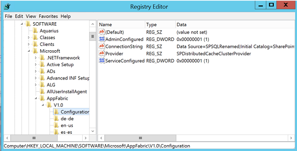 Screenshot: Registrierungs-Editor, in dem überprüft wird, ob der ConnectionString-Wert des Schlüssels HKLM\SOFTWARE\Microsoft\AppFabric\V1.0\Configuration aktualisiert wird.