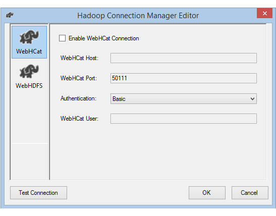 Screenshot des Editors für den Hadoop-Verbindungs-Manager mit Standardauthentifizierung