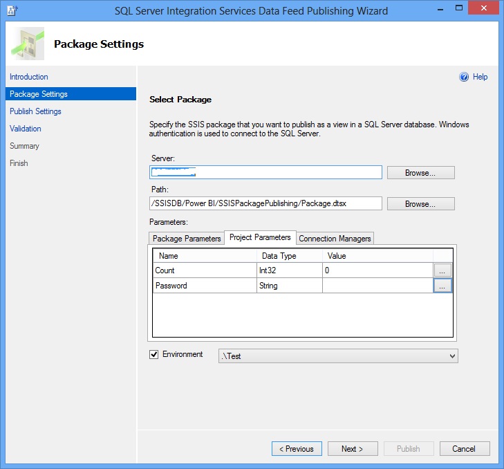 Data Feed Publishing Wizard - Package Settings Pag