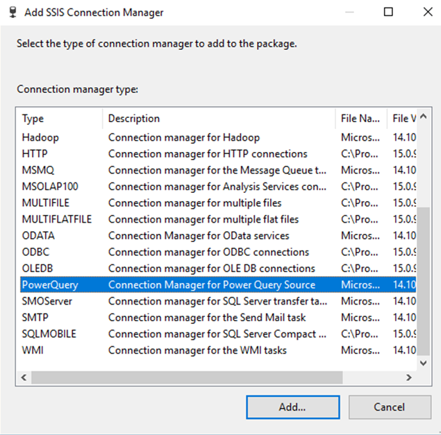 PQ Source Connection Managers Panel Add Dialog