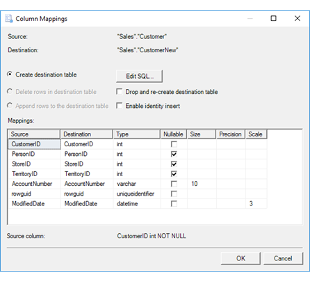 Column mappings page of the Import and Export Wizard