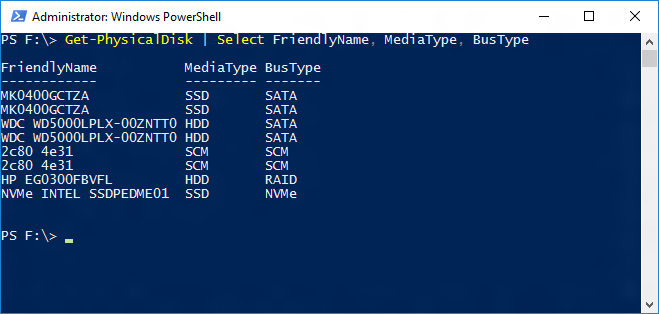 Screenshot of a Windows Powershell window showing the output of the Get-PhysicalDisk cmdlet.
