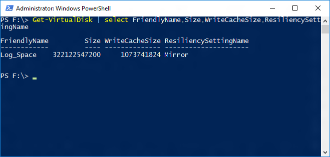 Screenshot of a Windows Powershell window showing the output of the Get-VirtualDisk cmdlet.