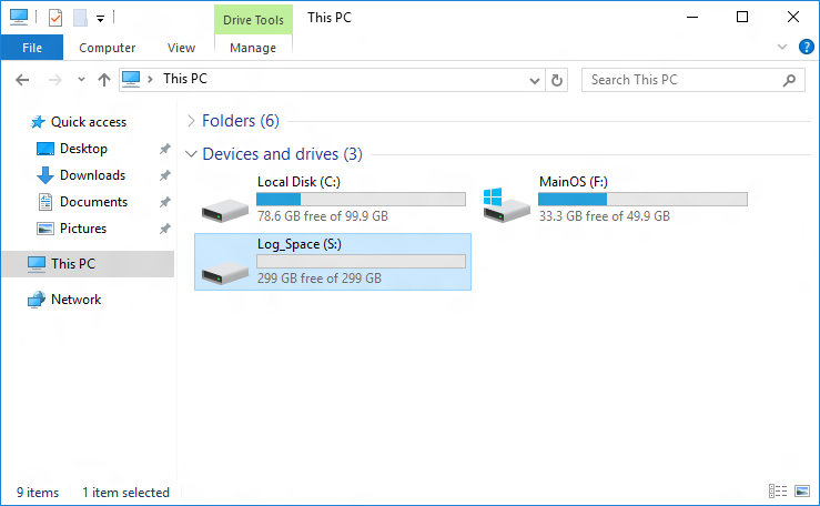 Screenshot of a File Explorer window on the This PC page showing the Log_Space drive.