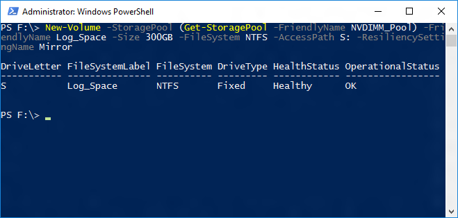 Screenshot of a Windows Powershell window showing the output of the New-Volume cmdlet.