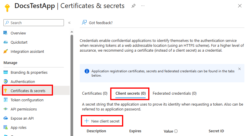 Screenshot des Bereichs „Zertifikate und Geheimnisse“ für die App im Azure-Portal.