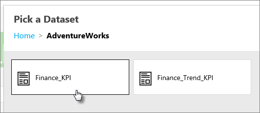 Screenshot: Abschnitt „Pick a Dataset“ (Dataset auswählen), in dem die Option „Finance_KPI“ ausgewählt ist