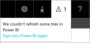 Screenshot of the notification dropdown showing the message, 'We couldn't refresh some tiles in Power BI'.