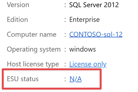 Screenshot der den Bereich „Übersicht“ für eine SQL Server-Instanz zeigt. Der ESU-Status ist hervorgehoben.