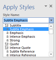 Screenshot of the Style Name dropdown menu with the Subtle Emphasis option being highlighted.