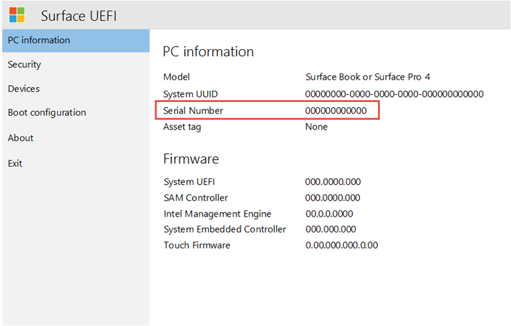 Die Seriennummer des Surface-Geräts wird angezeigt.