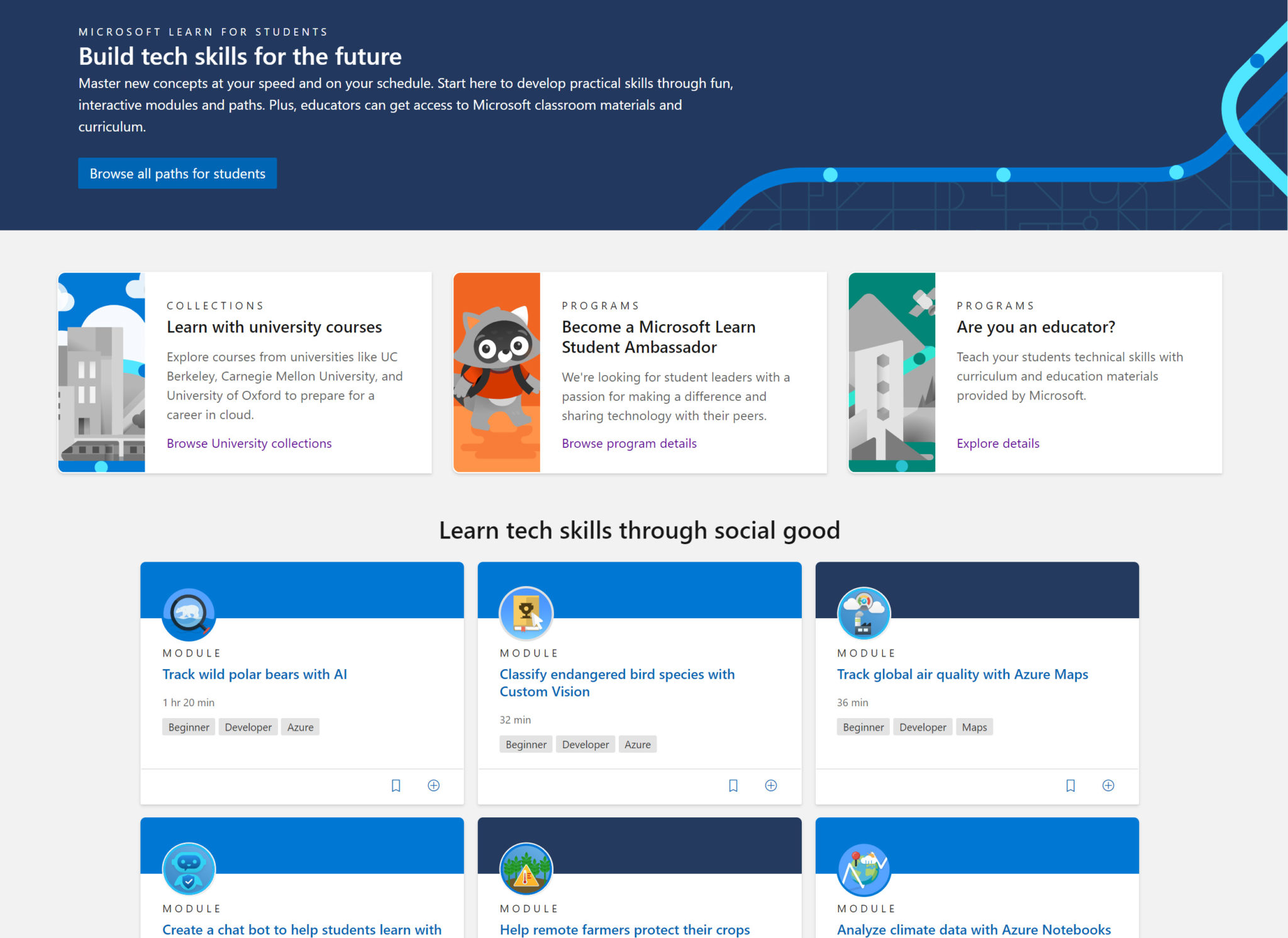 Microsoft Learn student ambassadors home page.