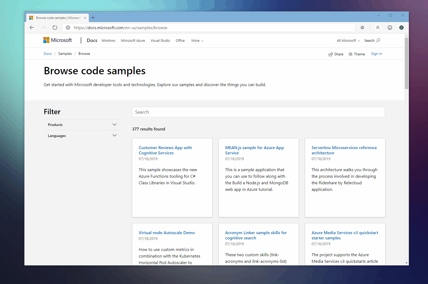 Browser für Beispiele (verfügbar unter docs.microsoft.com)