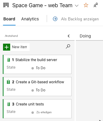 Screenshot of Azure Boards showing the initial three tasks. Each task is in the To Do column.