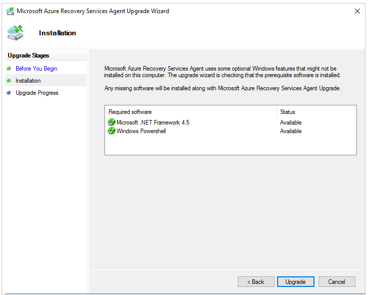 Screenshot: Upgradeinstallation des Microsoft Azure Recovery Services-Agents