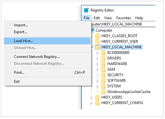 Screenshot des Schlüssels HKEY_LOCAL_MACHINE und der Option „Struktur laden“ im Menü „Datei“ des Registrierungs-Editors.