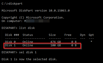 Das Fenster „diskpart“ zeigt Ausgaben der Befehle „list disk“ und „sel disk 1“ an. Datenträger 0 und Datenträger 1 werden in der Tabelle angezeigt. Datenträger 1 ist der ausgewählte Datenträger.
