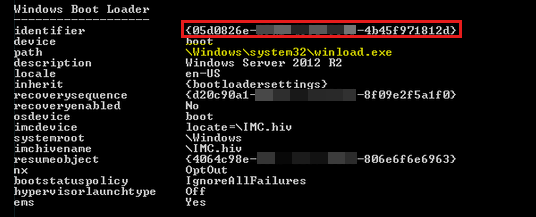Screenshot: Ausgabe des virtuellen Computers der Generation 1, in der die Bezeichnernummer unter Windows-Startladeprogramm aufgeführt ist