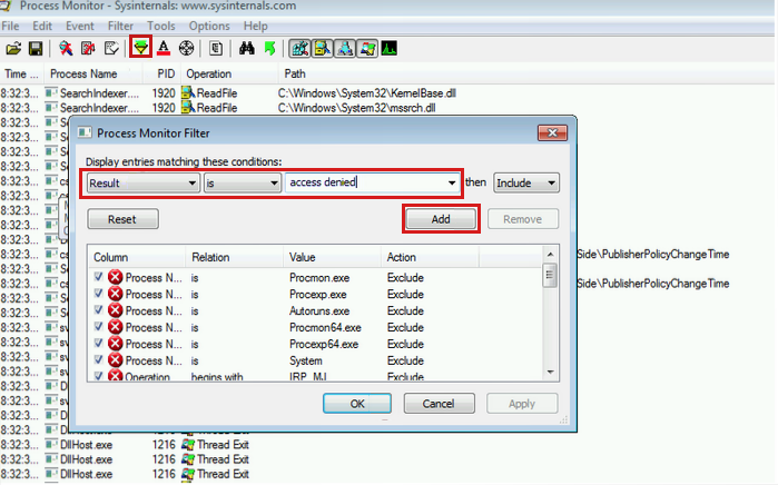 Screenshot der Filterung nach Ergebnis im Fenster „Process Monitor Filter“ (Prozessüberwachungsfilter).