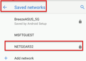 Screenshot einer Wi-Fi Verbindung, die als gespeichertes Netzwerk angezeigt wird.