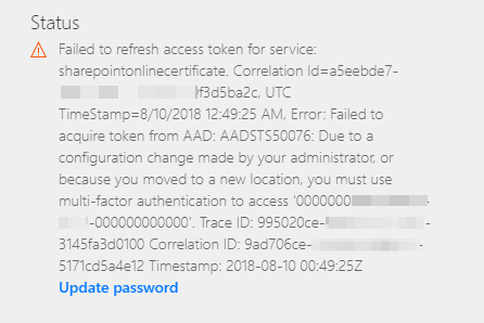 Screenshot: Fehler beim Aktualisieren des Zugriffstokens für Dienstbenutzer im Power Automate-Portal