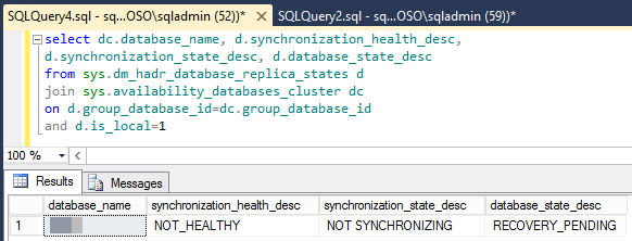 Screenshot des Ausführungsergebnisses für das Skript zum Überprüfen der Datenbankintegrität und des Synchronisierungsstatus.