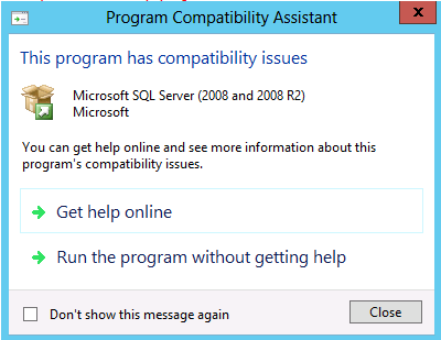Screenshot des Dialogfelds &quot;Programmkompatibilitäts-Assistent&quot;, das zeigt, dass dieses Programm Kompatibilitätsprobleme aufweist.