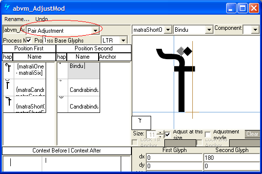 Screenshot of a dialog in Microsoft VOLT for specifying positioning adjustments. Pair adjustment is selected as the lookup type. A mark glyph is shown with its position being adjusted to the right above a base glyph.