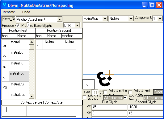 Screenshot of a dialog in Microsoft VOLT for specifying positioning adjustments. Anchor attachment is selected as the lookup type. A mark glyph is shown positioned next to another mark glyph using an anchor point.