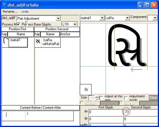 Screenshot of a Microsoft VOLT dialog for positioning adjustment. Pair adjustment is selected as the lookup type. The Sa Ra glyph is shown with its position being adjusted to the left when it follows a matra I glyph.
