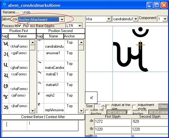 Screenshot of a dialog in Microsoft VOLT for specifying positioning adjustments. Anchor attachment is selected as the lookup type. A mark glyph is shown positioned above a base glyph using an anchor point.