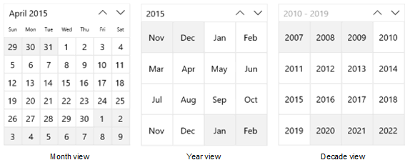 Kalendermonats-, Jahres- und Zehnjahresansichten