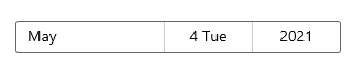 Eine Datumsauswahl mit dem Tagfeld, das so formatiert ist, dass eine ganze Zahl und eine Abkürzung angezeigt werden.