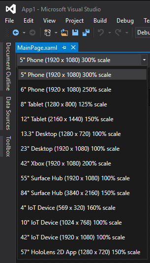 Geräte-Vorschauleiste in Visual Studio 2015
