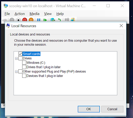 Screenshot of Smart cards selected in the Local Resources dialog.