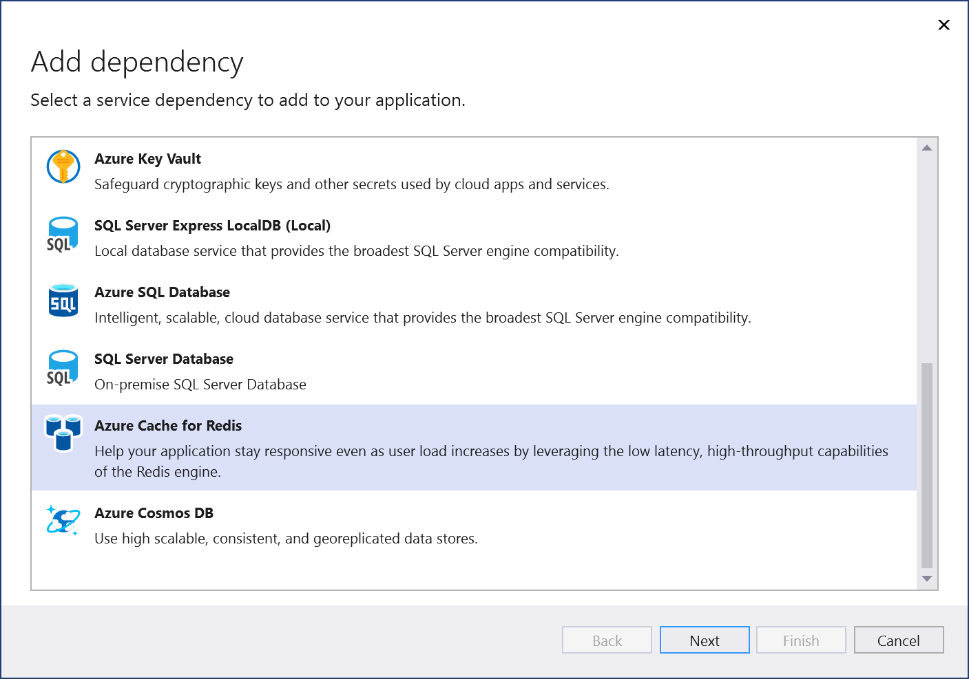 Screenshot of the Add Dependency page. Azure Cache for Redis is selected.