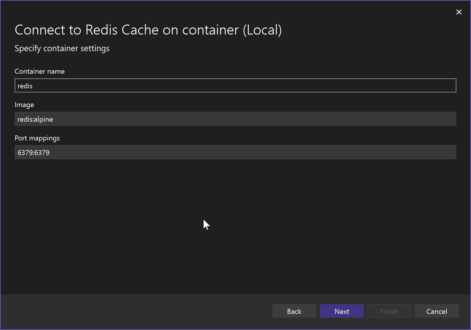 Screenshot showing connection options for Azure Cache for Redis in a local container.