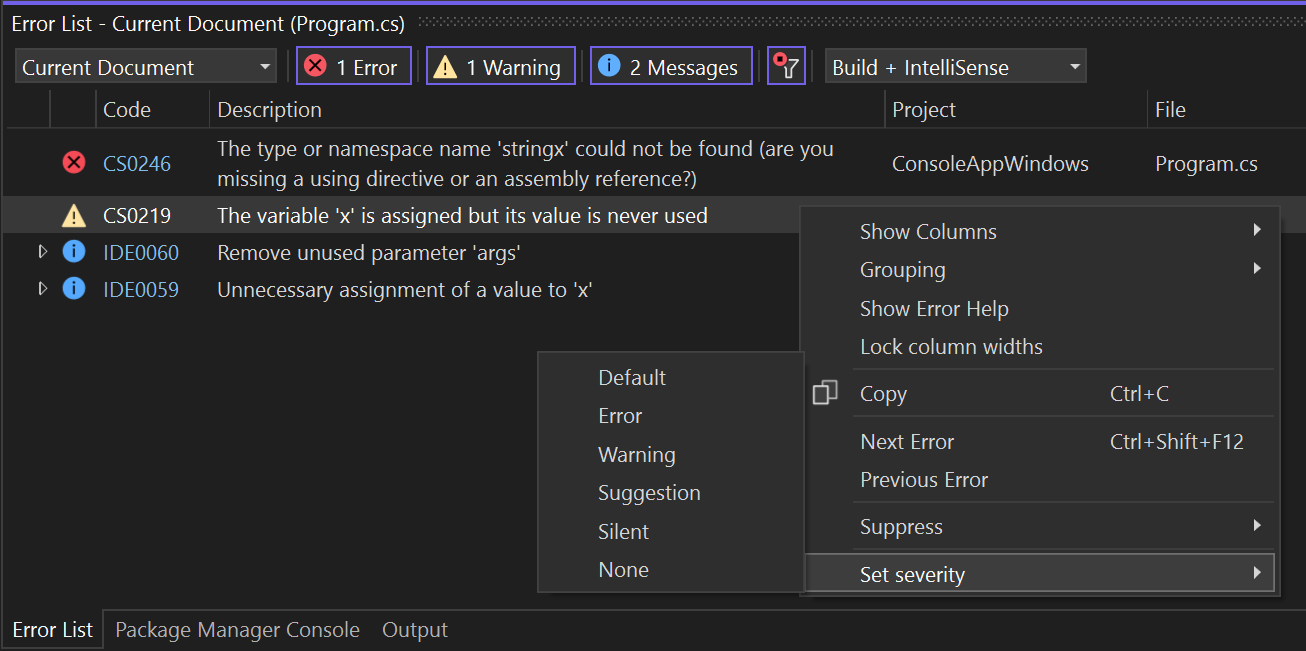Screenshot, der zeigt, wie sie den Regelschweregrad aus dem Fenster „Fehlerliste“ in Visual Studio konfigurieren.