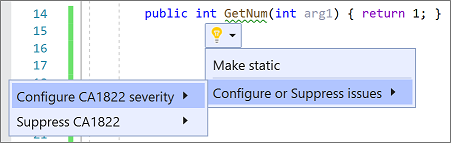 Screenshot, der zeigt, wie Sie den Regelschweregrad aus dem Glühbirnenmenü in Visual Studio 2019 konfigurieren.