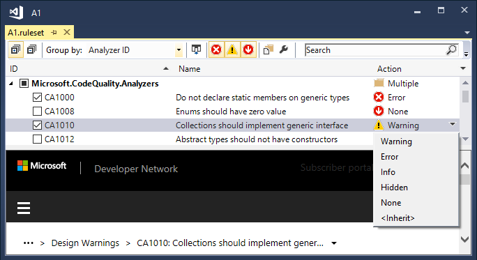 Screenshot einer im Regelsatz-Editor geöffneten Regelsatzdatei mit aufgelisteten Schweregraden.