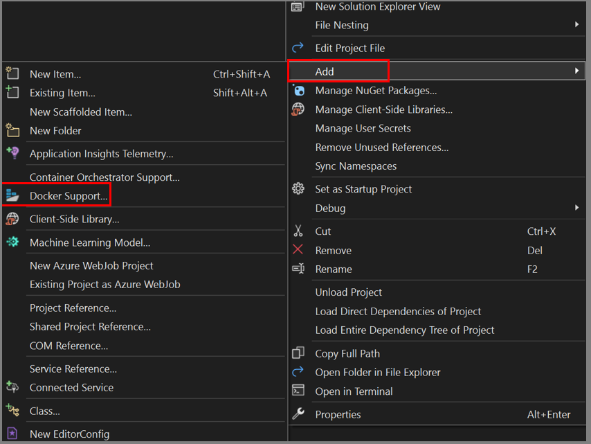 Screenshot showing how to add Docker Support menu option in Visual Studio.