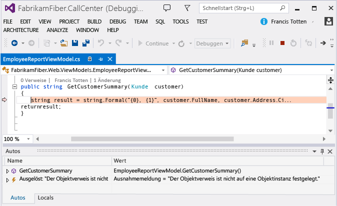 Go to application code from an exception event