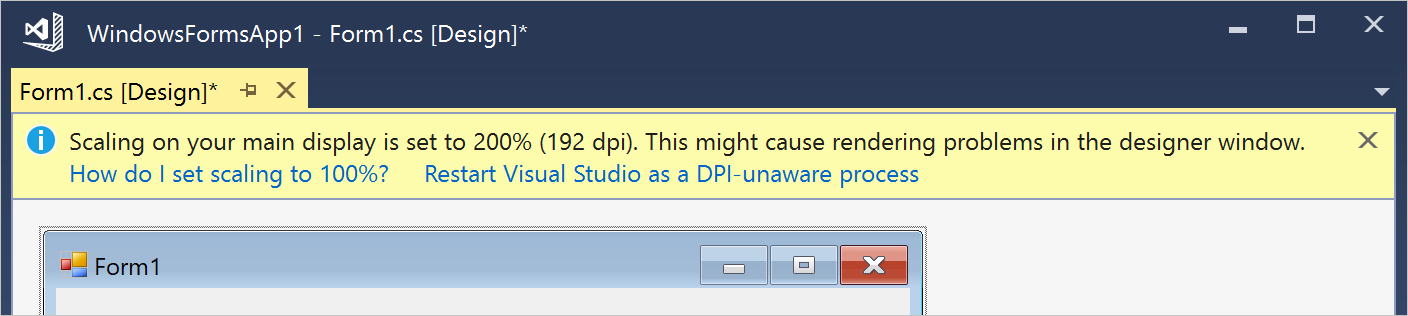 Screenshot of the informational bar in Visual Studio 2017 to restart in DPI-unaware mode.